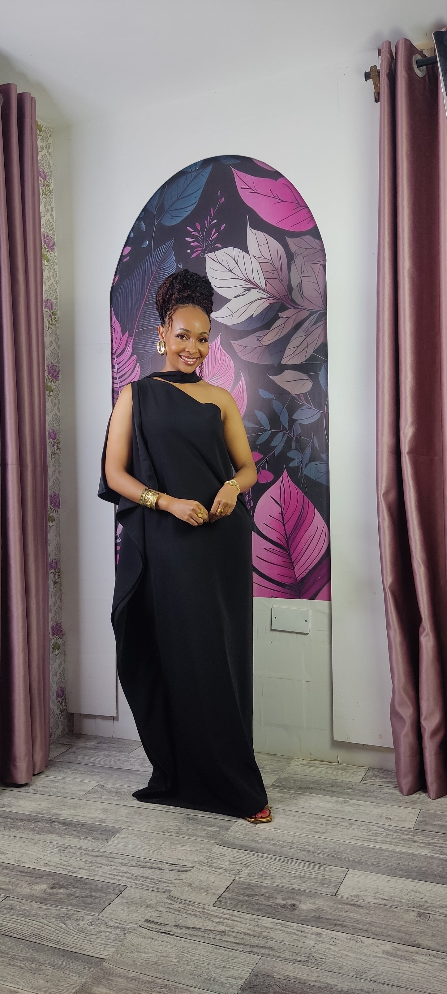 3. Athena One Shoulder Kaftan -Black