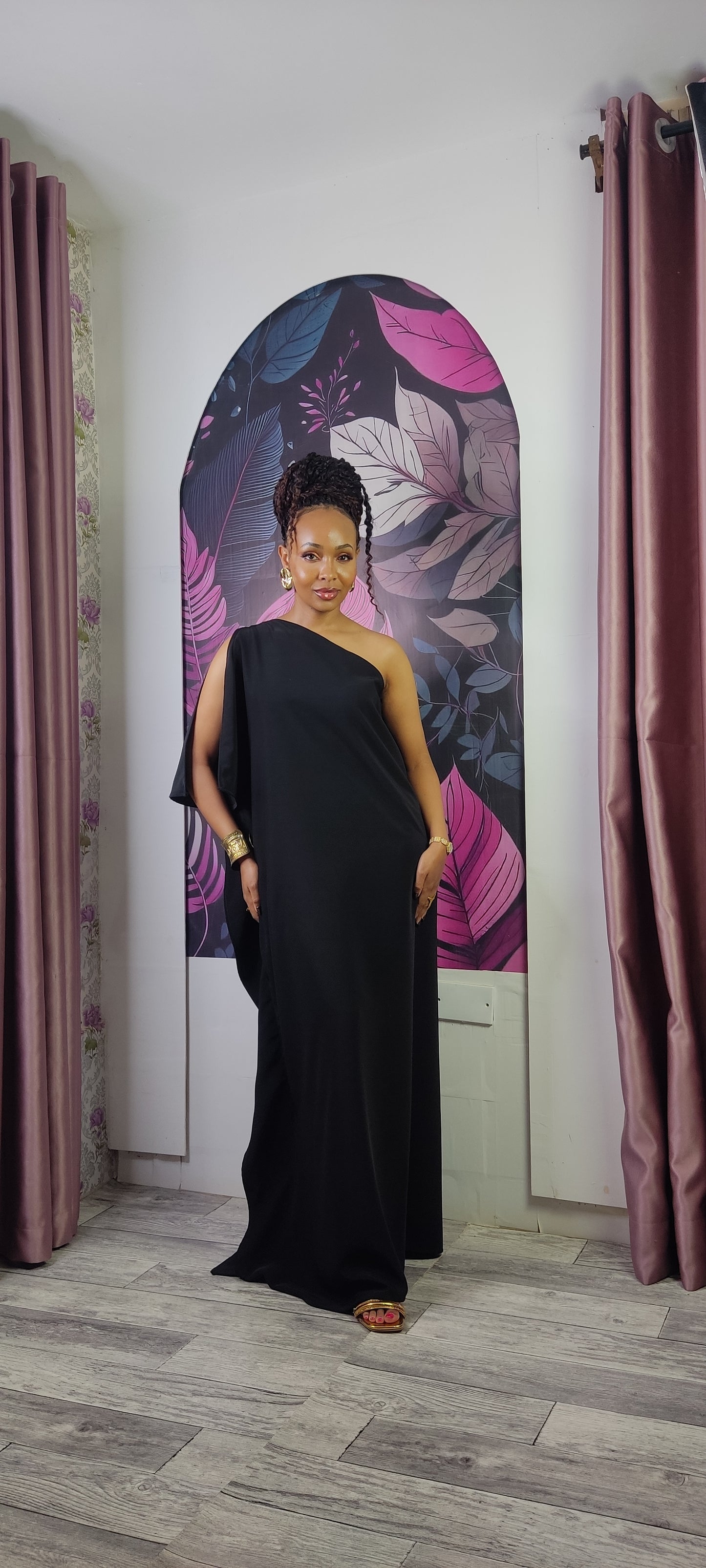 3. Athena One Shoulder Kaftan -Black