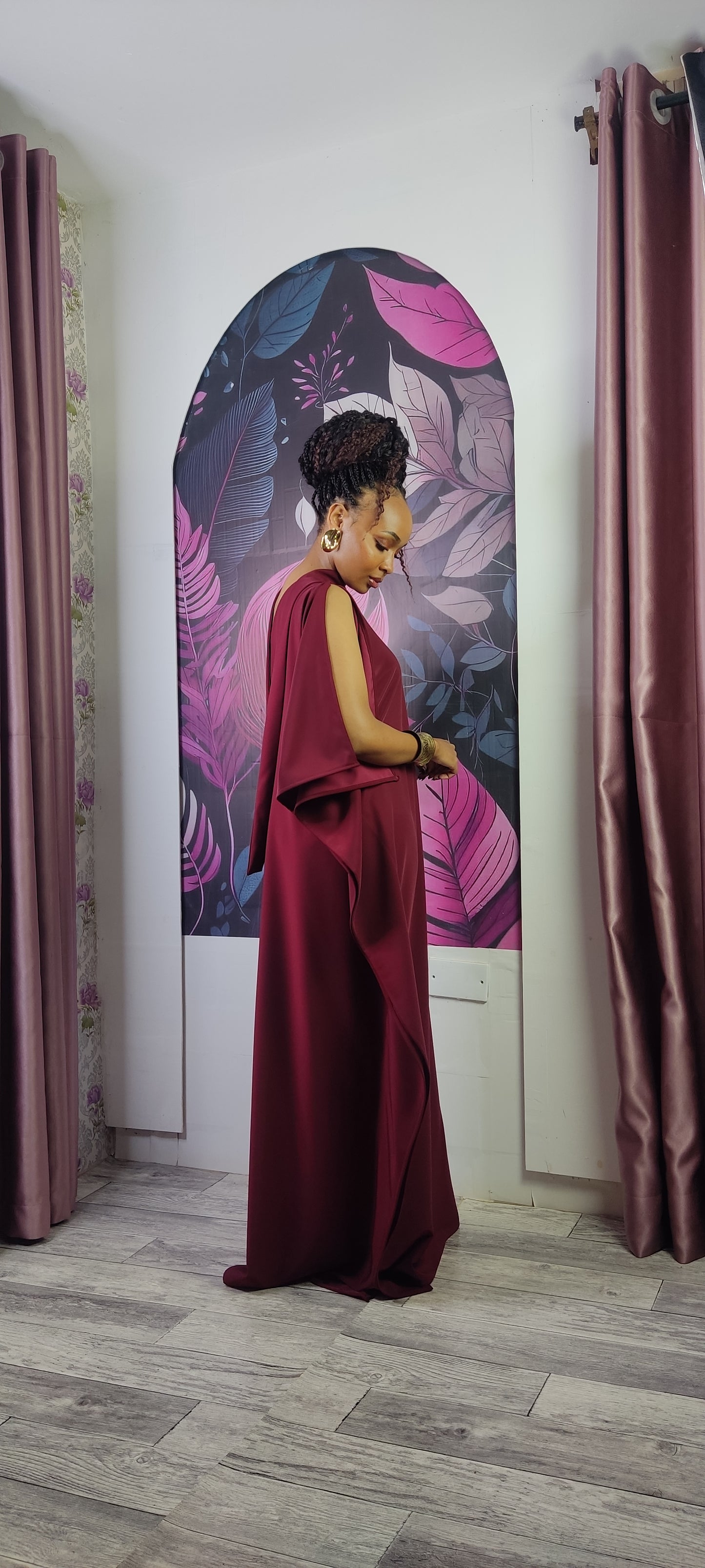 3. Athena One Shoulder Kaftan - Burgundy