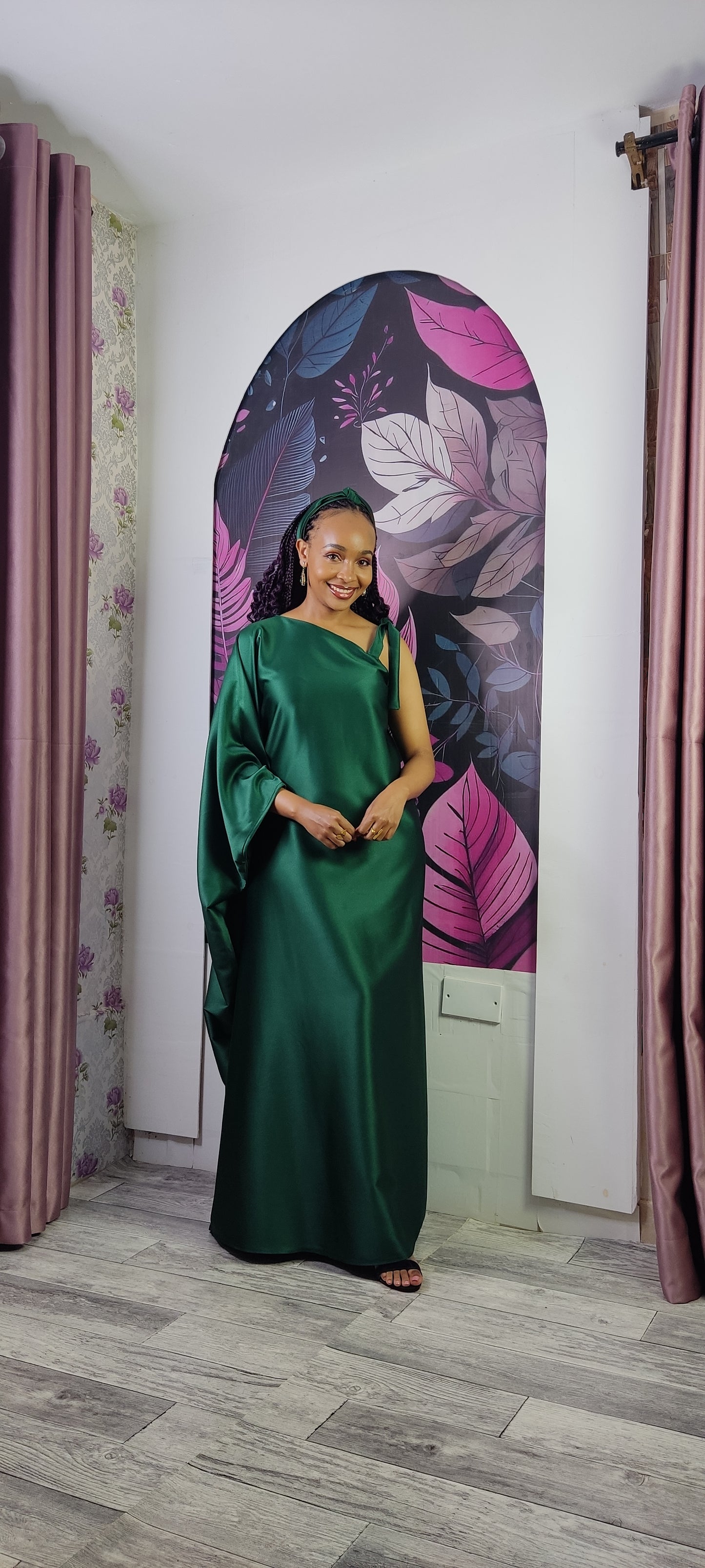 5. Aurora Emerald Green One Shoulder Kaftan
