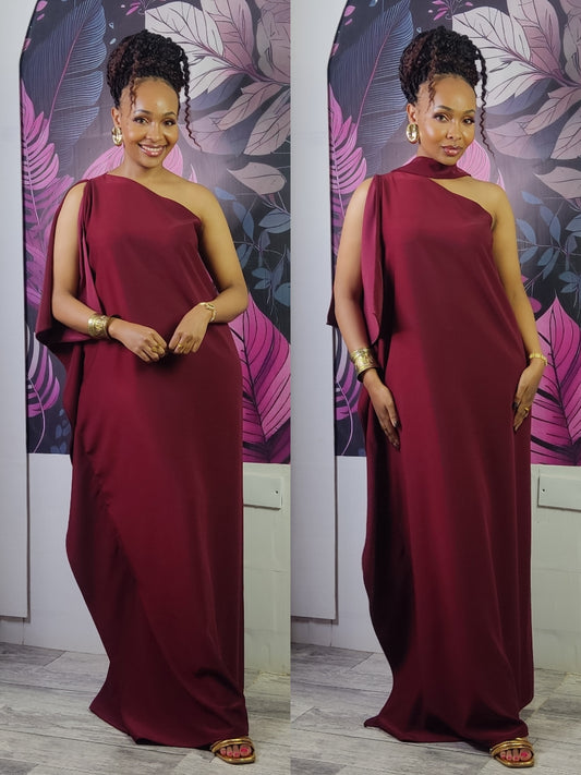 3. Athena One Shoulder Kaftan - Burgundy