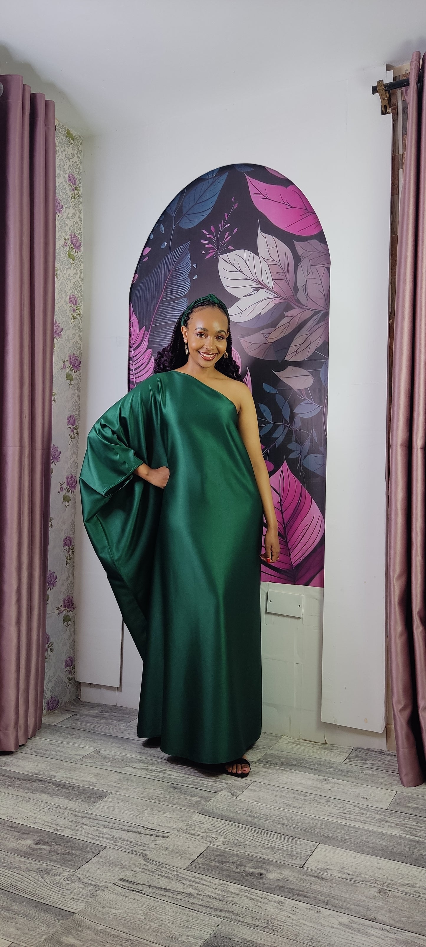 5. Aurora Emerald Green One Shoulder Kaftan