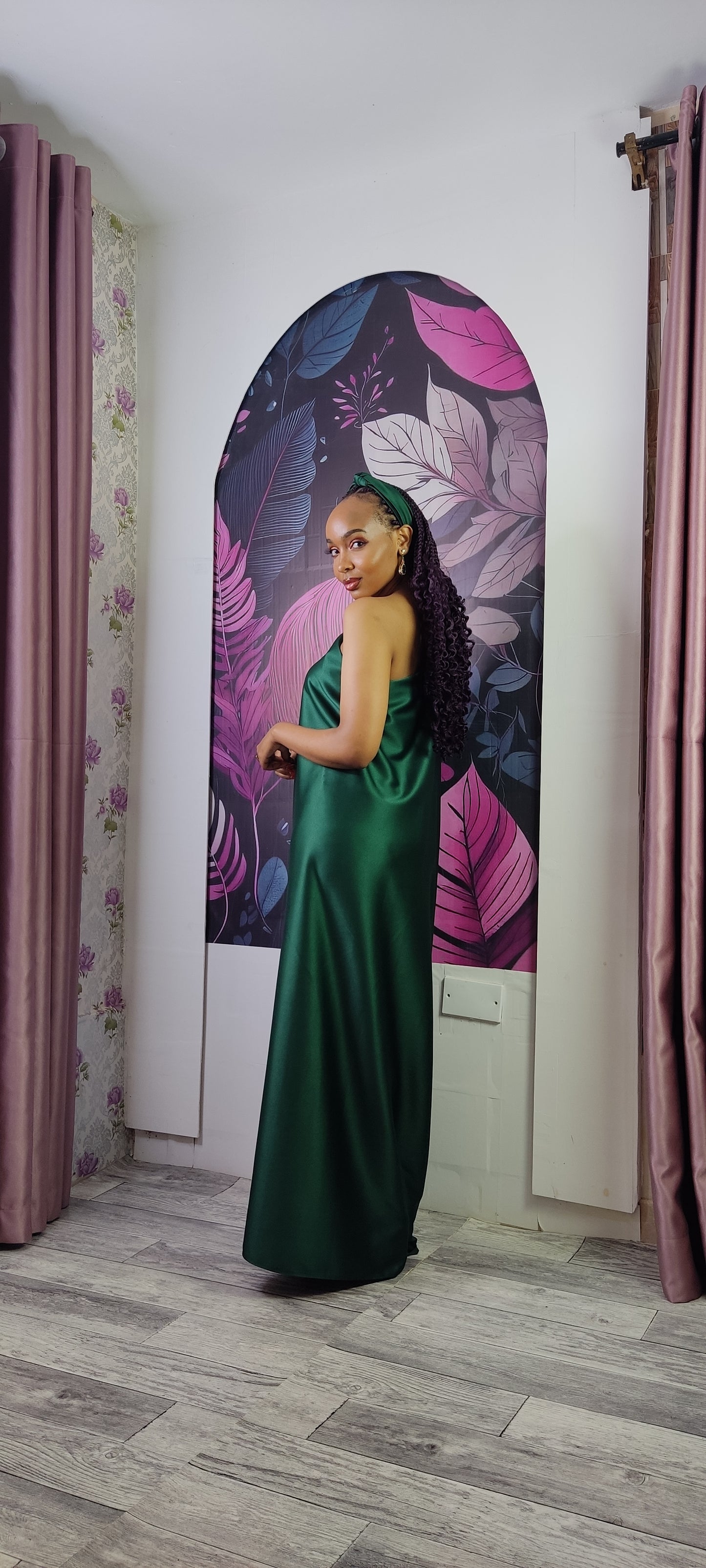 5. Aurora Emerald Green One Shoulder Kaftan