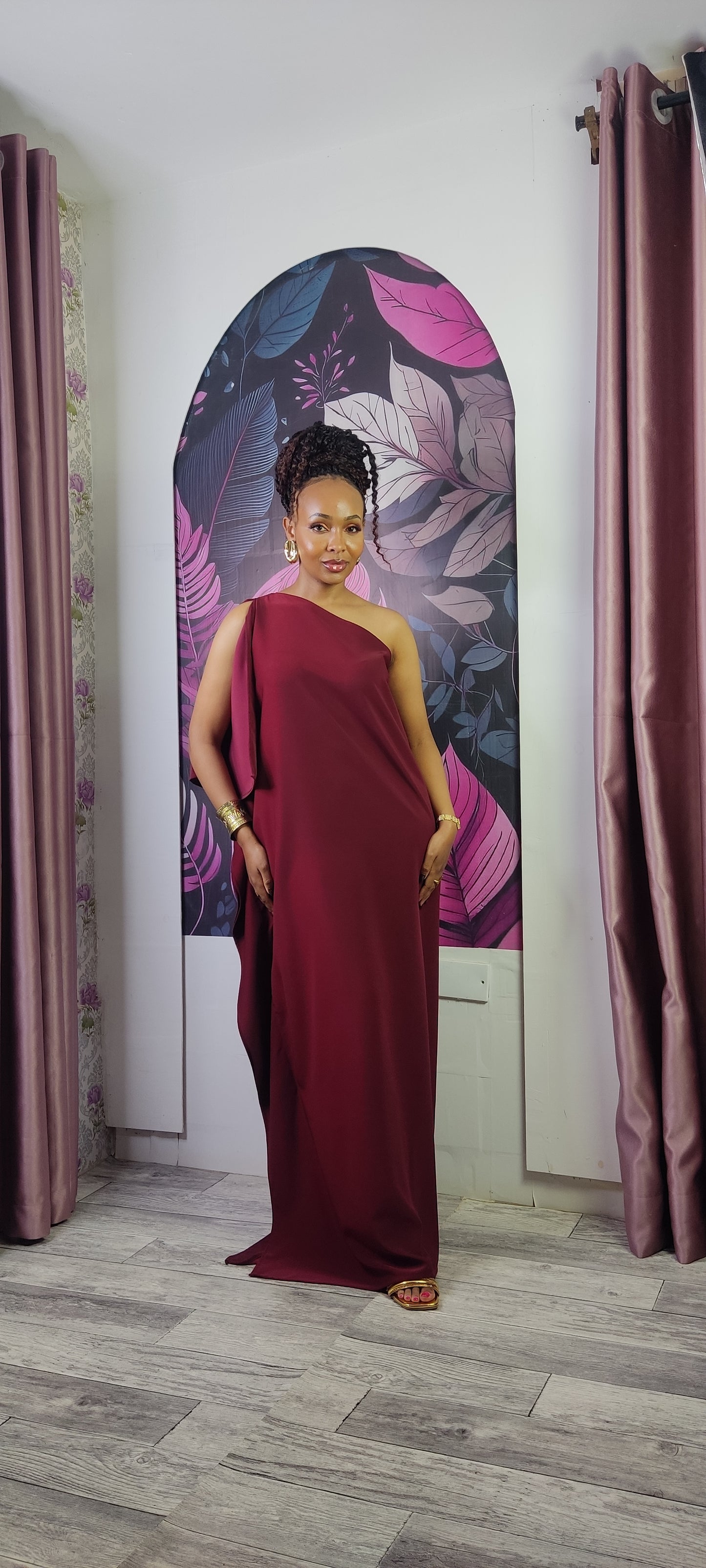 3. Athena One Shoulder Kaftan - Burgundy