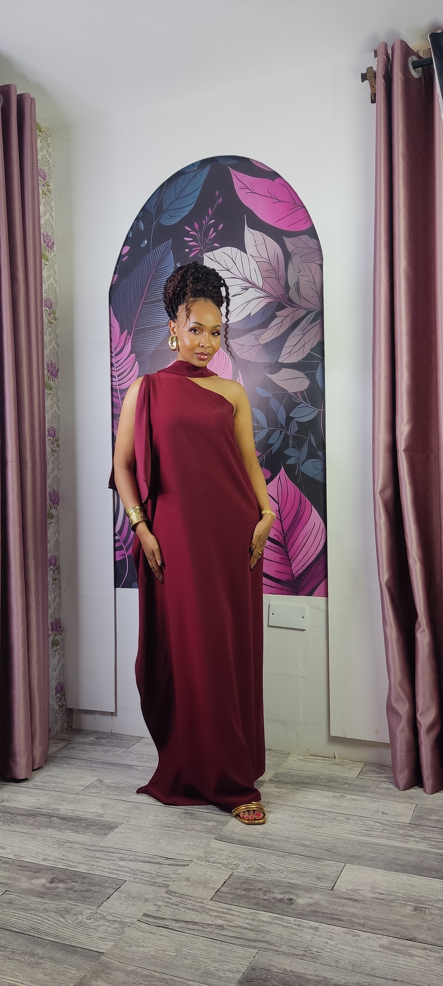 3. Athena One Shoulder Kaftan - Burgundy