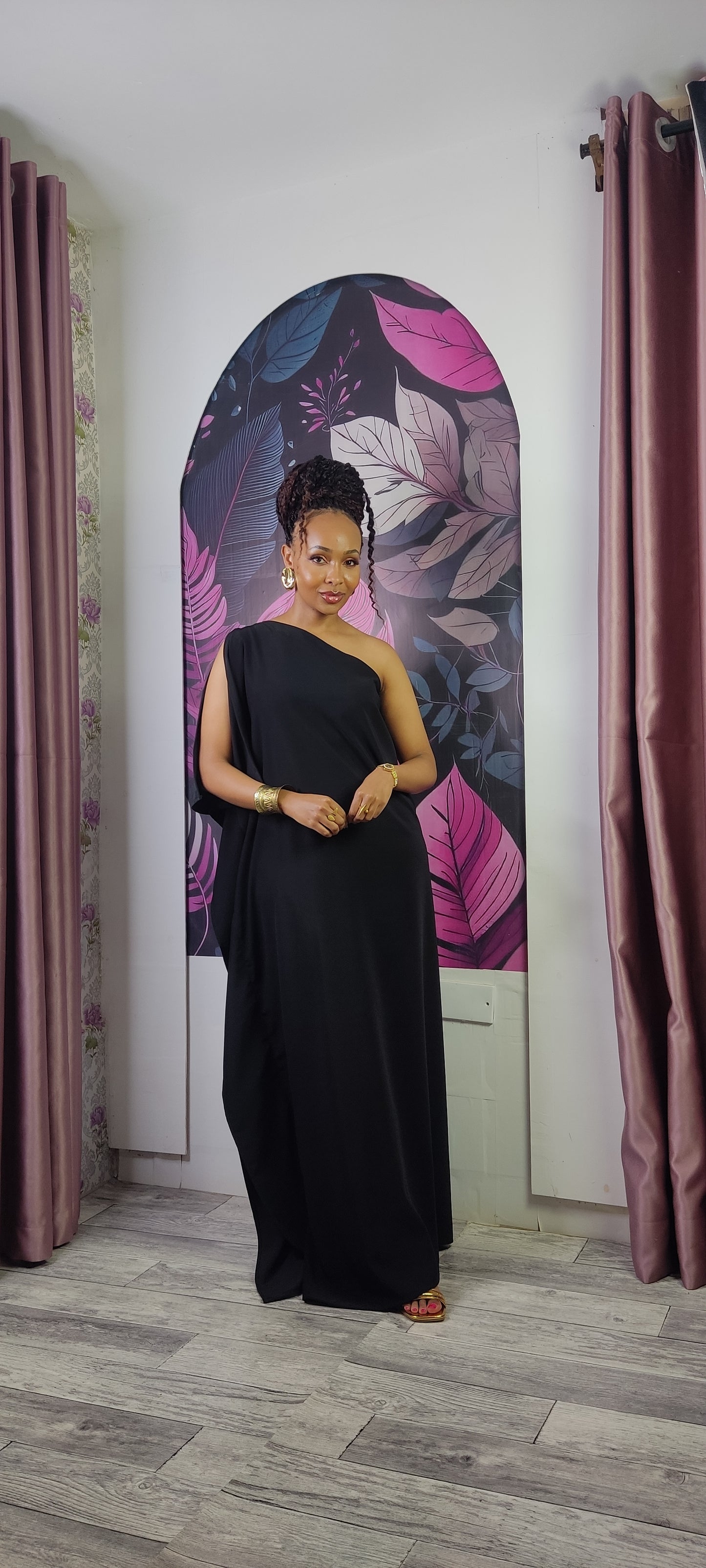 3. Athena One Shoulder Kaftan -Black