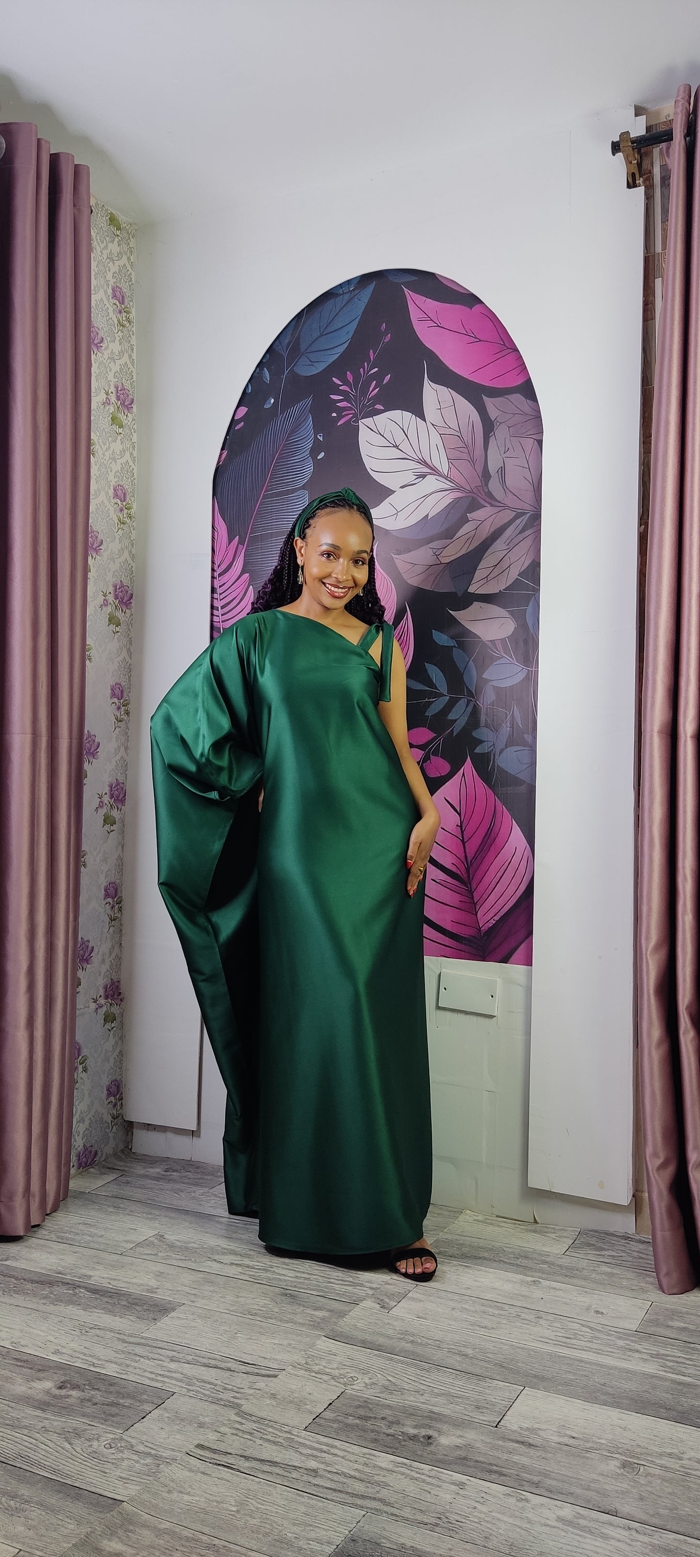 5. Aurora Emerald Green One Shoulder Kaftan