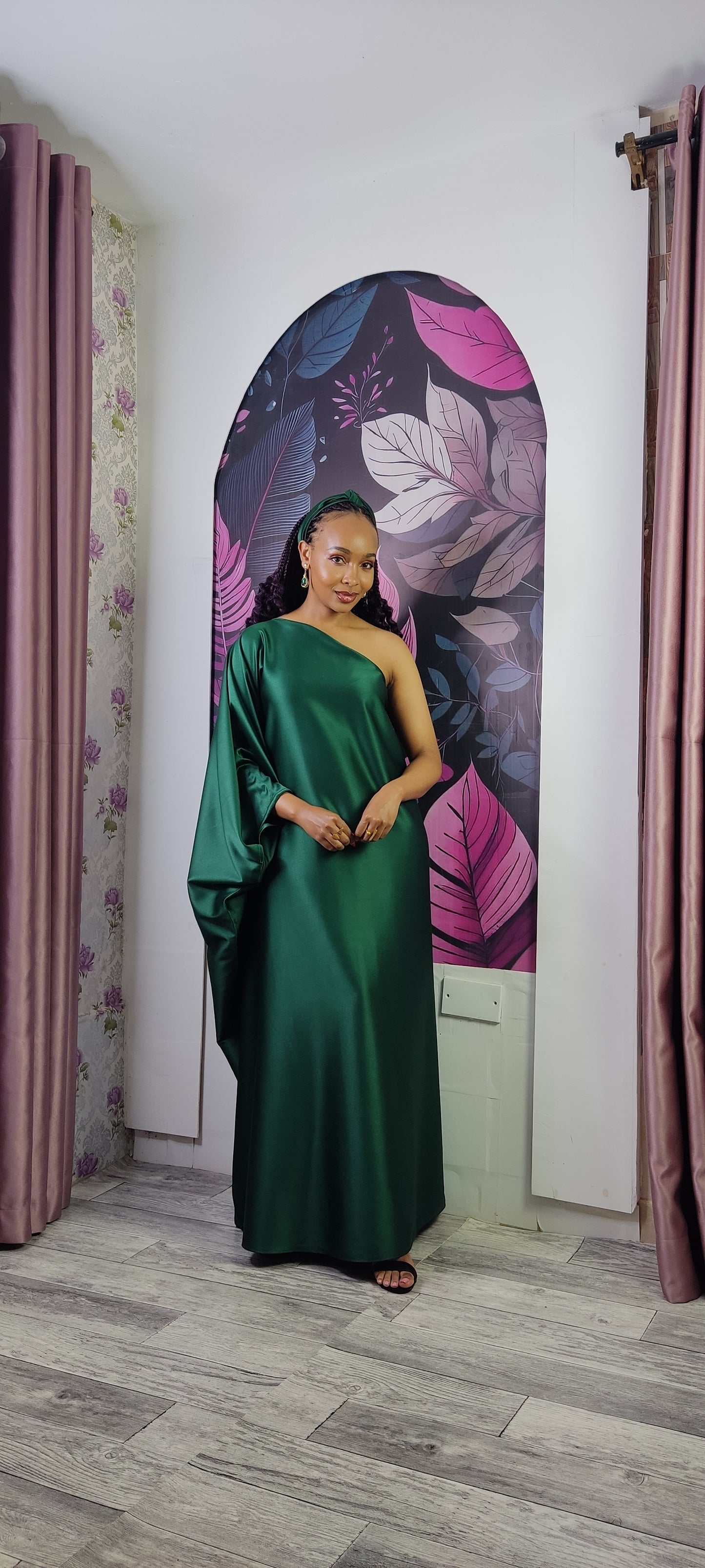 5. Aurora Emerald Green One Shoulder Kaftan