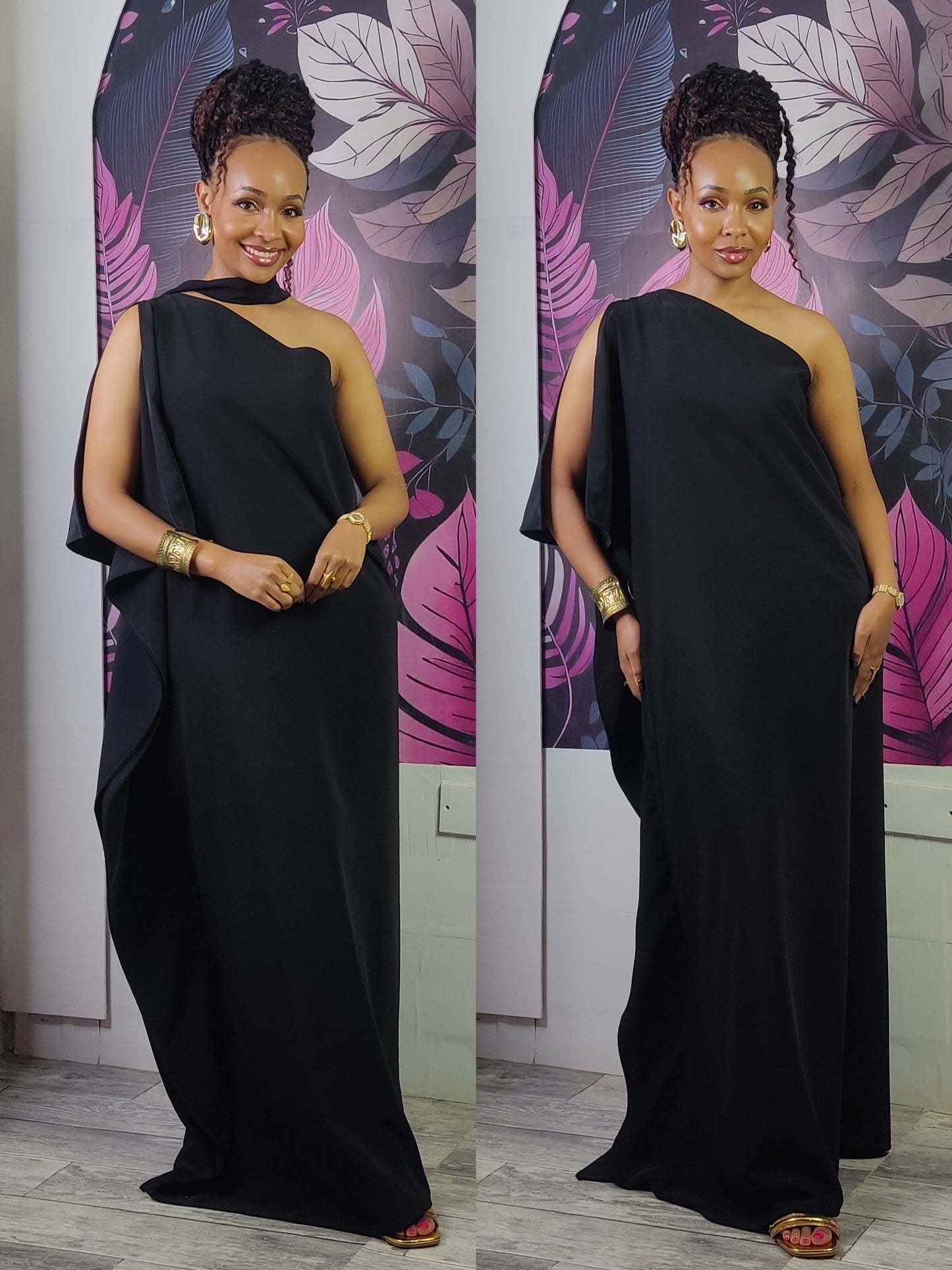 3. Athena One Shoulder Kaftan -Black