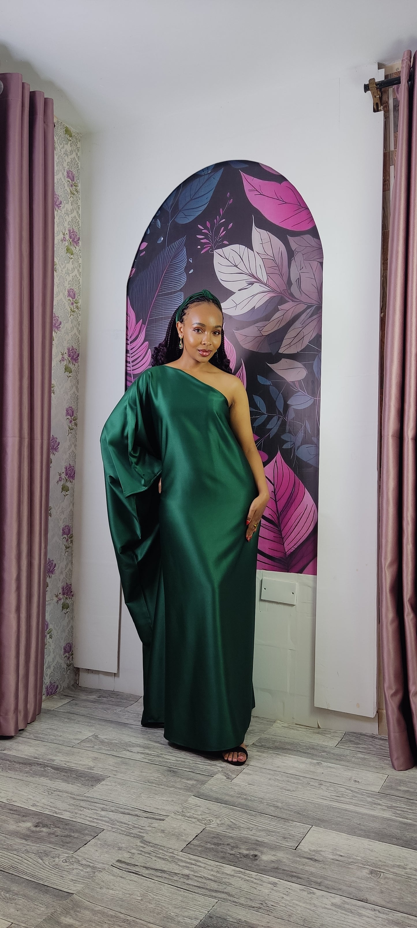5. Aurora Emerald Green One Shoulder Kaftan