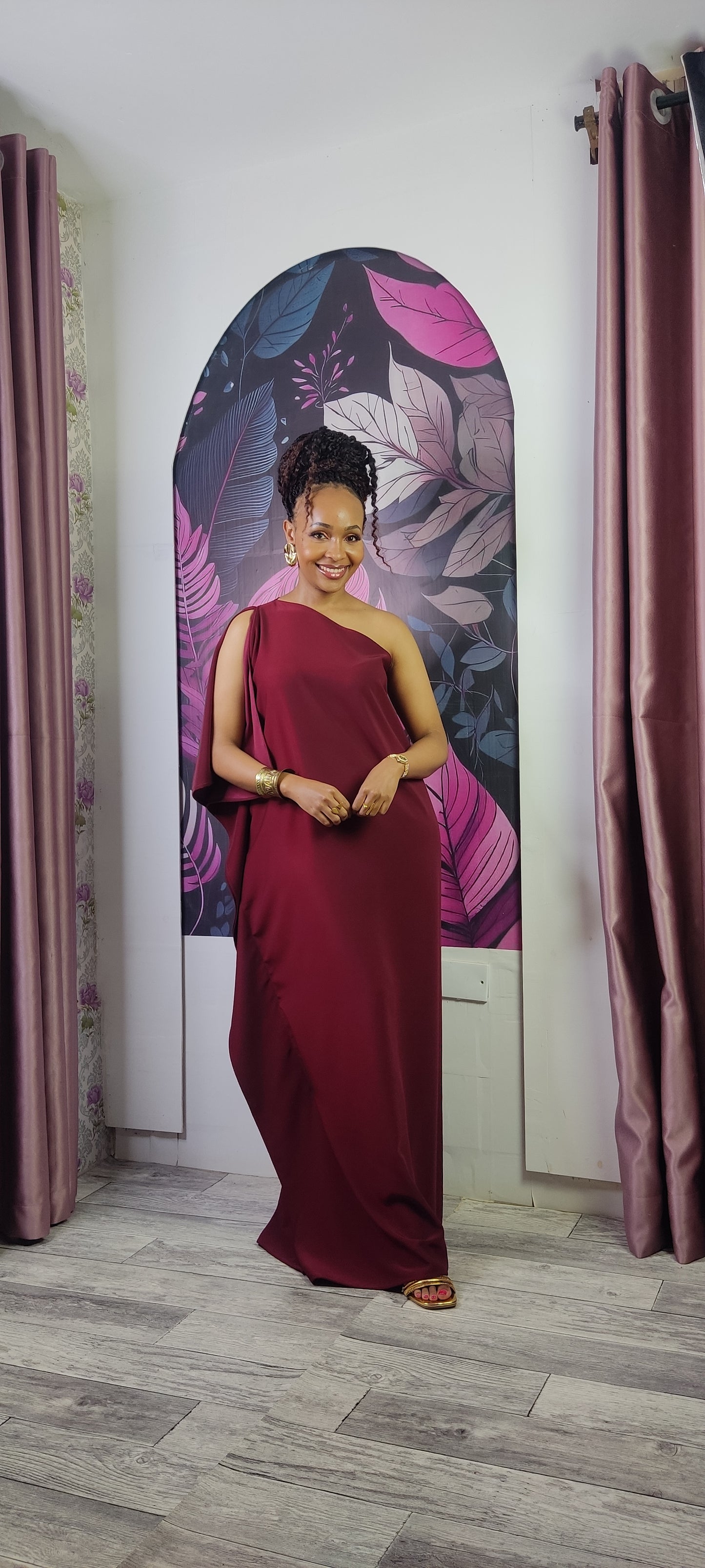 3. Athena One Shoulder Kaftan - Burgundy